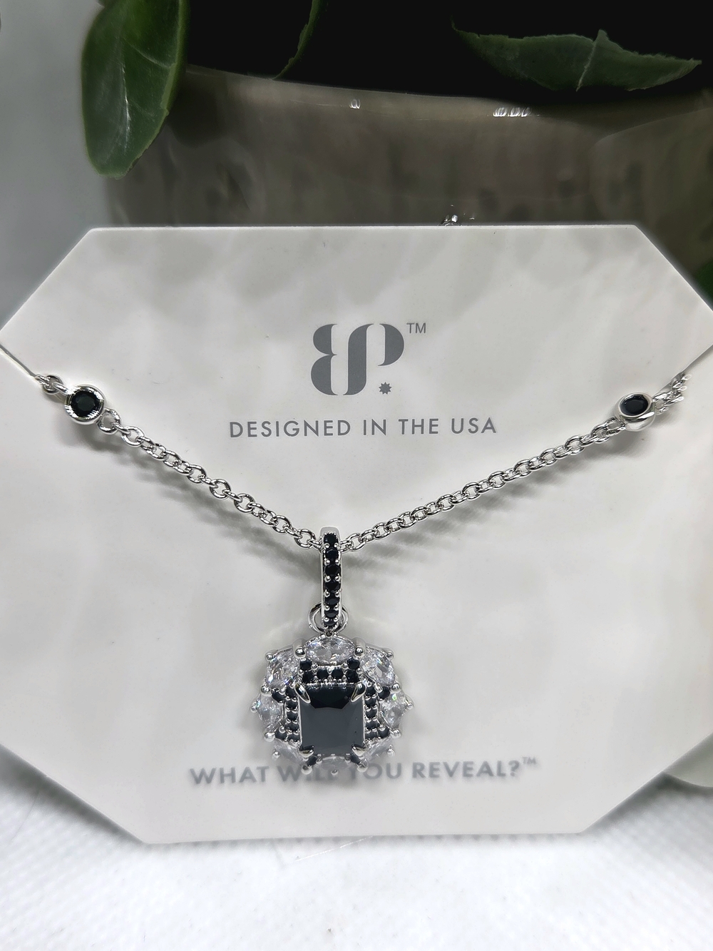 BP Black Oxyx Silver Crystal Halo Pendant Necklace On Rhodium Plating